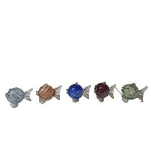 5 Glass Fish Paper Weight Ornaments Orange Striped Blue 3" tall Art Glass